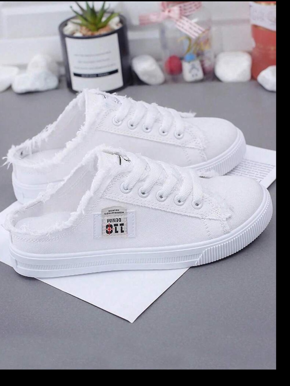 NWT White Frayed Canvas Slip-On Sneakers